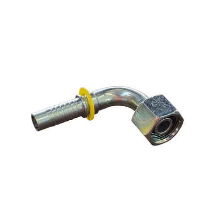 DIN metric heavy female 90 degree elbow two-piece crimp tail hydraulic fitting with 24 degree cone seat made from zinc-plated steel
