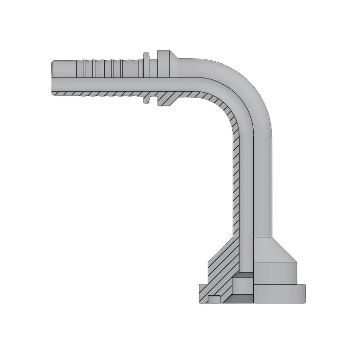 Code 62 flange 90 degree elbow long drop two-piece crimp tail heavy-duty hydraulic fitting made from zinc-plated steel