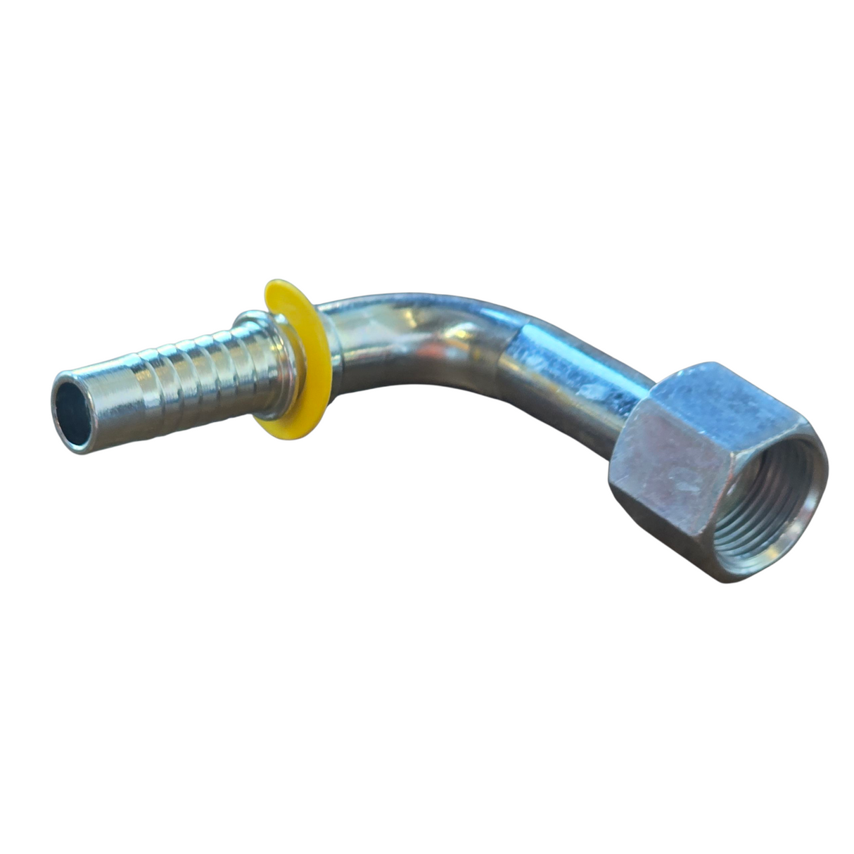 ORFS female 90 degree elbow long drop two-piece crimp tail hydraulic fitting with O-ring face seal made from zinc-plated steel