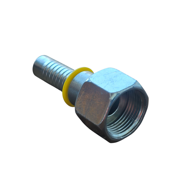 ORFS female swivel two-piece crimp tail hydraulic fitting with flat-face o-ring design made from zinc-plated steel