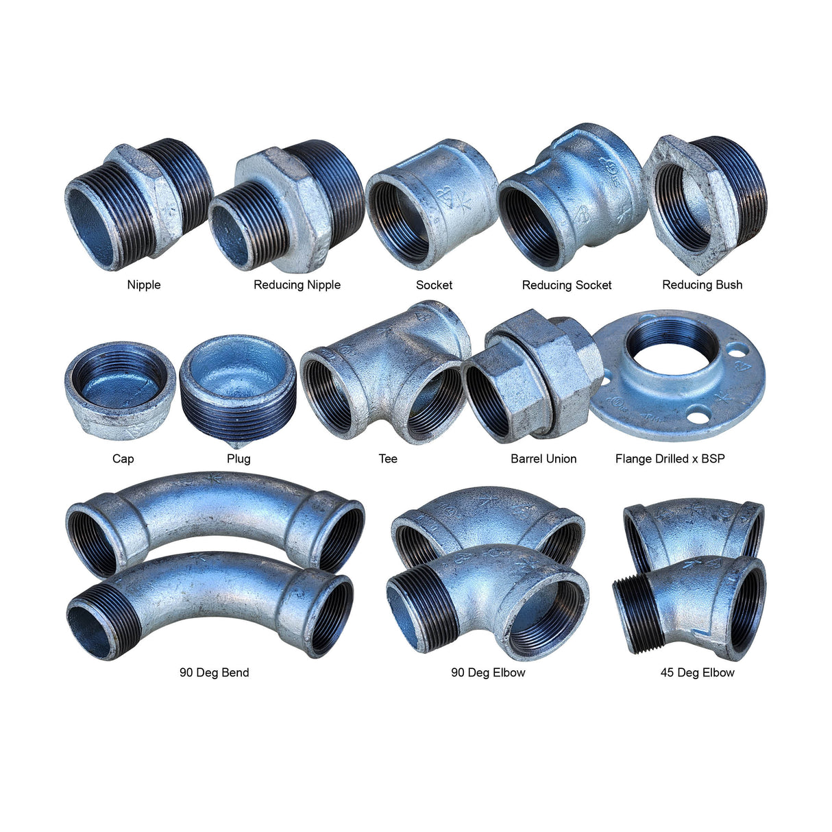 Galvanised Malleable Iron Fittings – BSP Thread Water, Gas & Air 1/2" to 2" Sizes