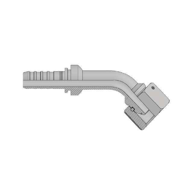 DIN metric heavy female swivel 45 degree elbow hyperspiral two-piece crimp tail hydraulic fitting made from zinc-plated steel