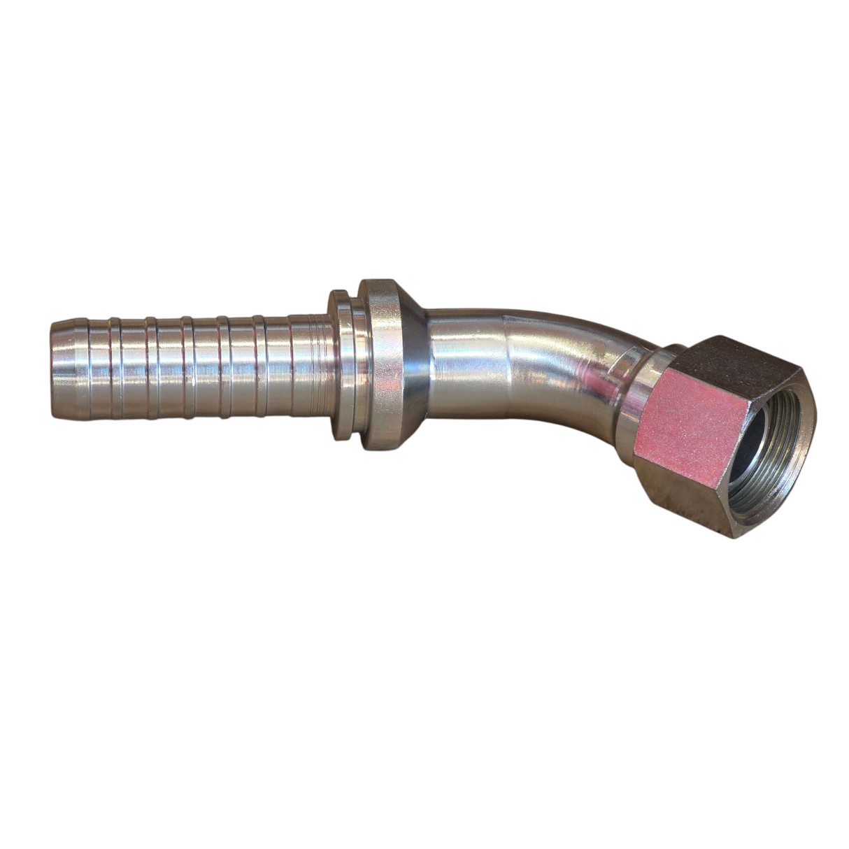 BSPP female swivel 45 degree elbow hyperspiral two-piece crimp tail hydraulic fitting engineered for Vitillo Everest and 4SP multispiral hoses made from zinc-plated steel