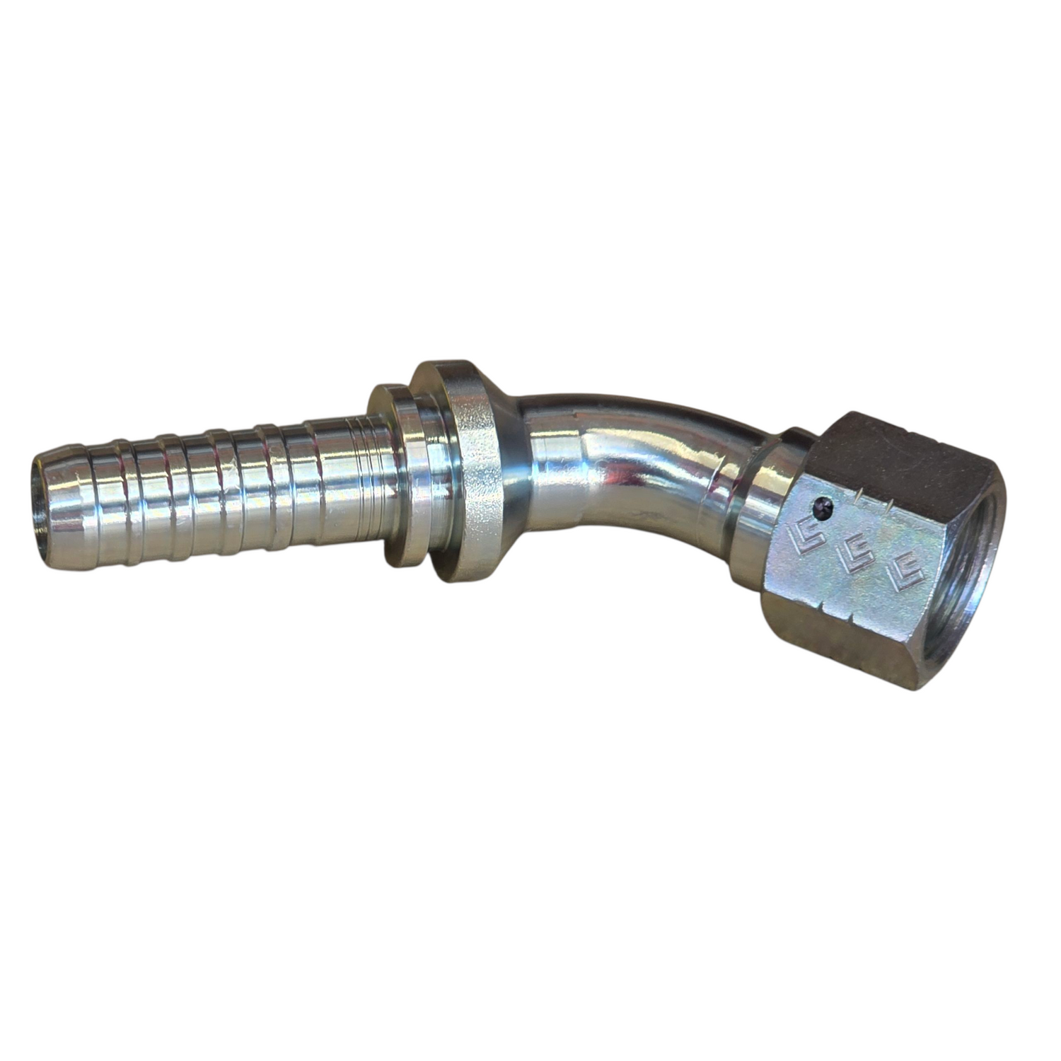JIC female swivel 45 degree elbow hyperspiral two-piece crimp tail hydraulic fitting engineered for Vitillo Everest and 4SP multispiral hoses made from zinc-plated steel