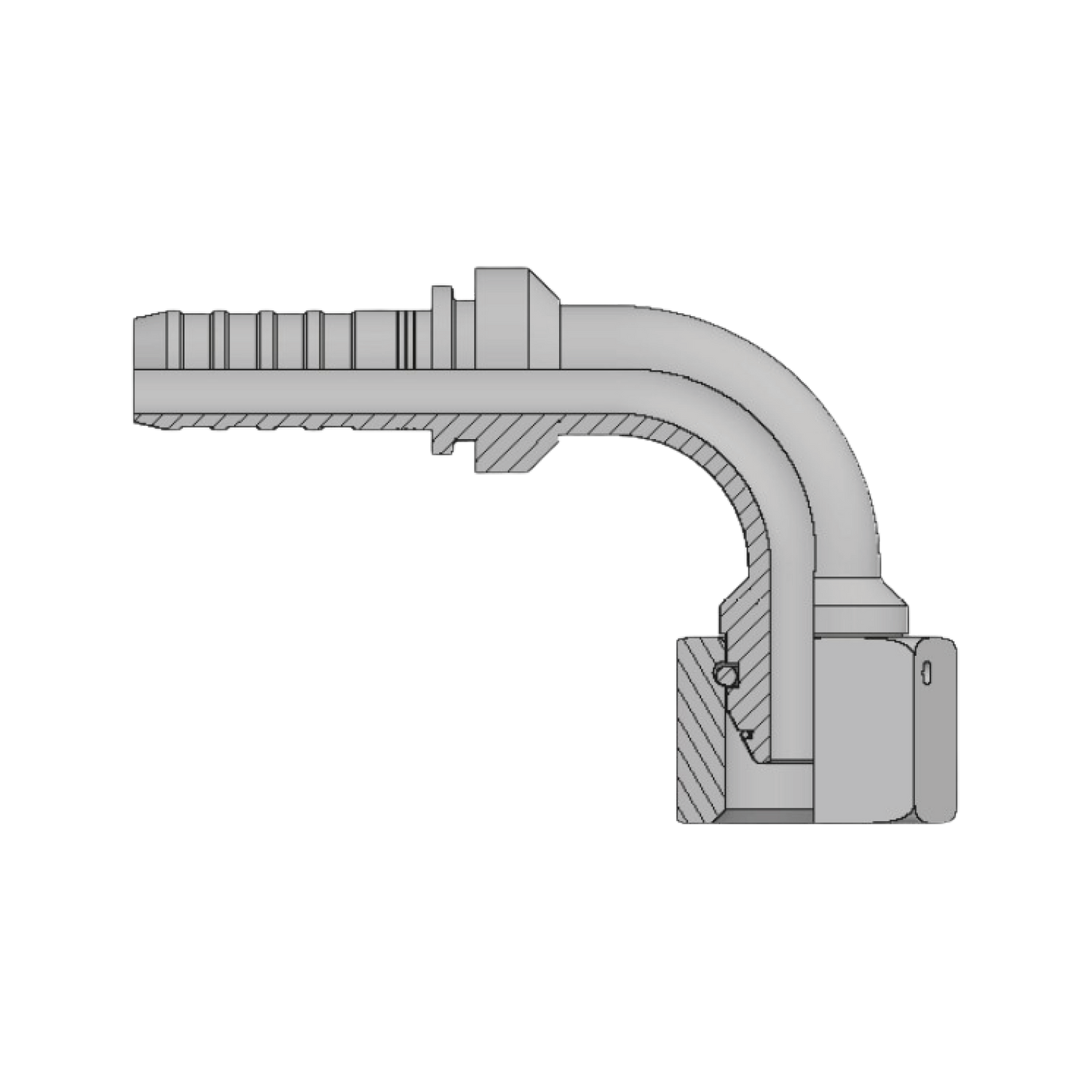 DIN metric heavy female 90 degree elbow hyperspiral two-piece crimp tail hydraulic fitting made from zinc-plated steel