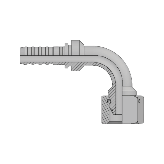 DIN metric heavy female 90 degree elbow hyperspiral two-piece crimp tail hydraulic fitting made from zinc-plated steel