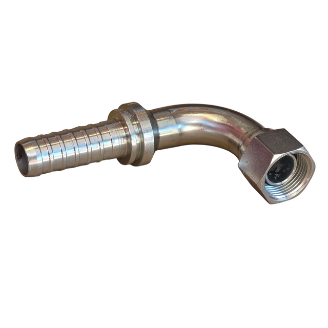 BSPP female 90 degree elbow hyperspiral two-piece crimp tail hydraulic fitting made from zinc-plated steel
