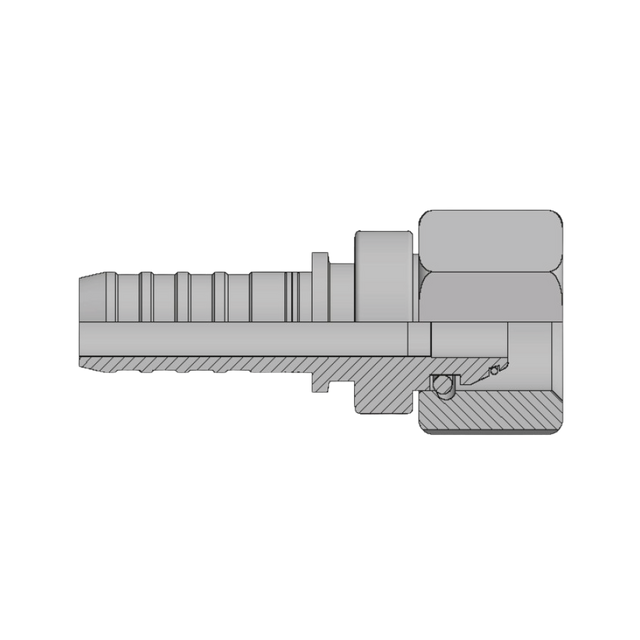 DIN metric heavy female swivel hyperspiral two-piece crimp tail hydraulic fitting made from zinc-plated steel