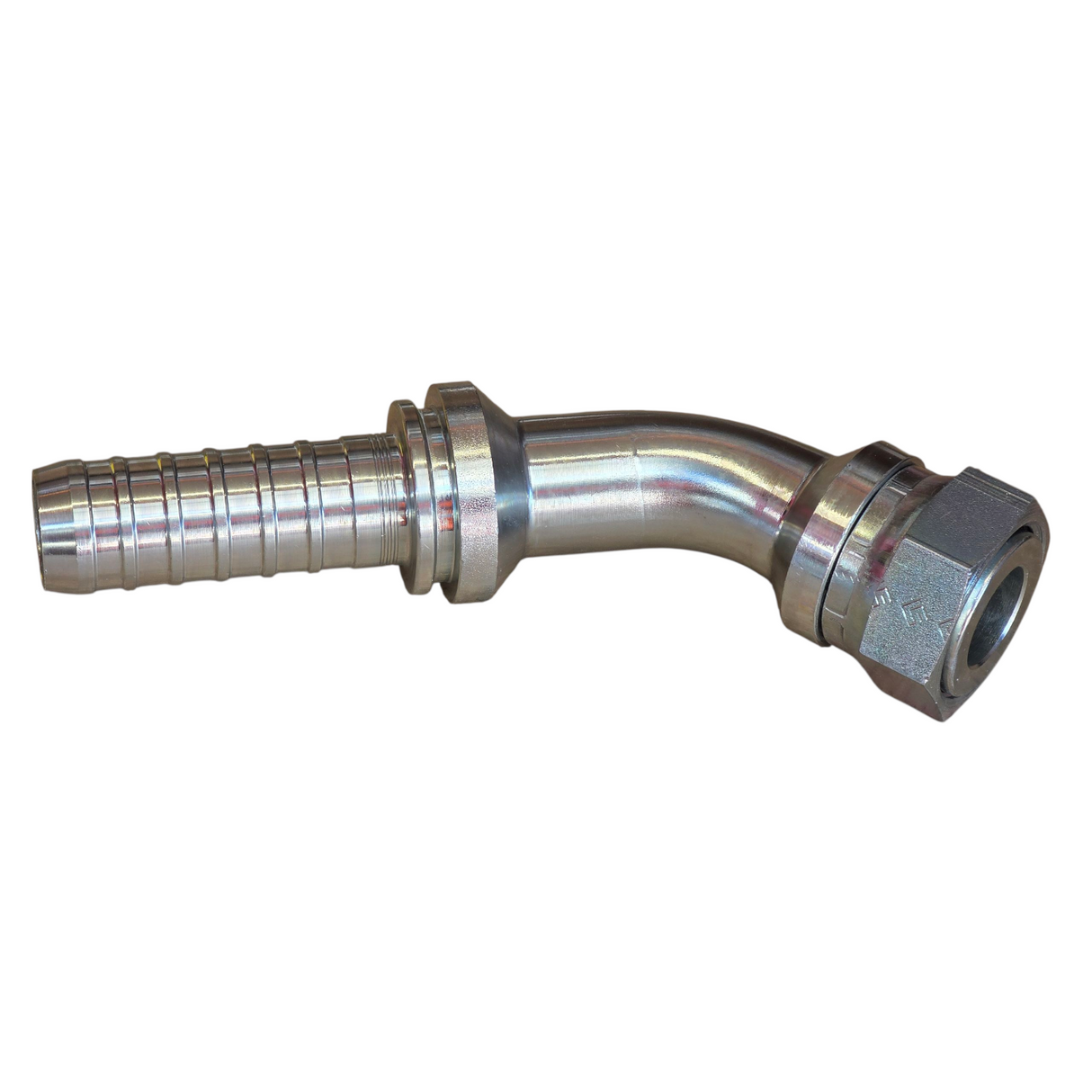 ORFS female swivel 45 degree elbow hyperspiral two-piece crimp tail hydraulic fitting made from zinc-plated steel