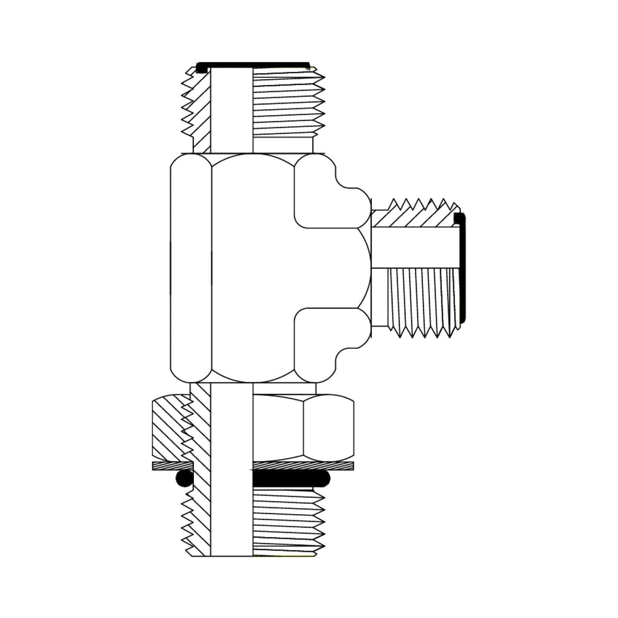 ORFS Male × UNO Male Bulkhead Run Tee | Tas Hose