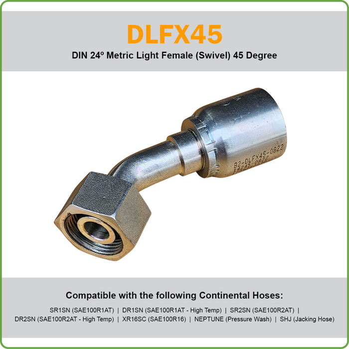 B2-DLFX45 - METRIC LIGHT 45DEG FEMALE SWIVEL HOSETAIL (ONE PIECE BRAID HOSETAILS)