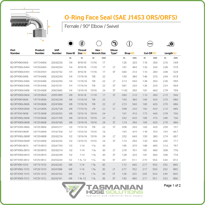 B2-OFFX90L - ORFS 90DEG LONG DROP FEMALE SWIVEL HOSETAIL (ONE PIECE BRAID HOSETAILS)