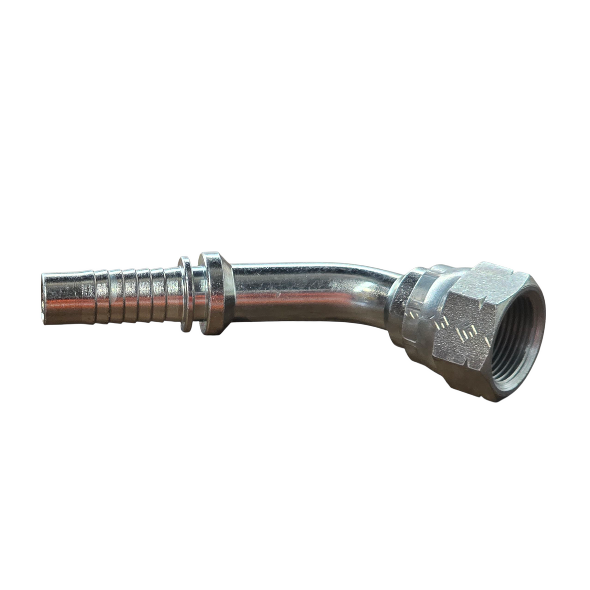 F45K – Vitillo Komatsu JIS (Metric) Female 45° Elbow – Two-Piece Hose Tail