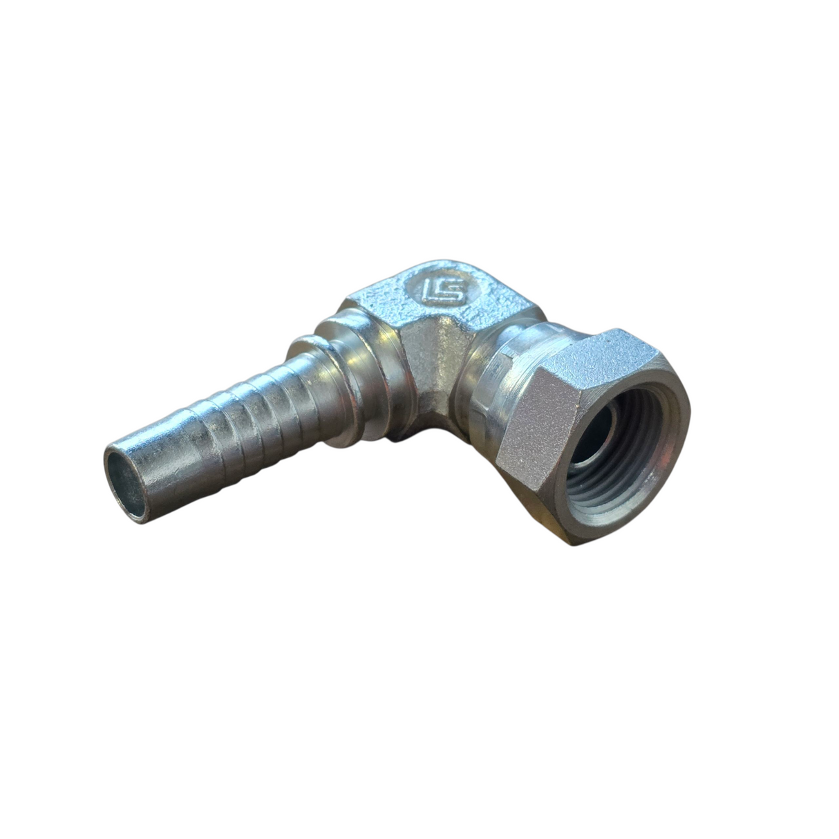 Compact BSPP female 90 degree elbow two-piece crimp tail hydraulic fitting made from zinc-plated steel