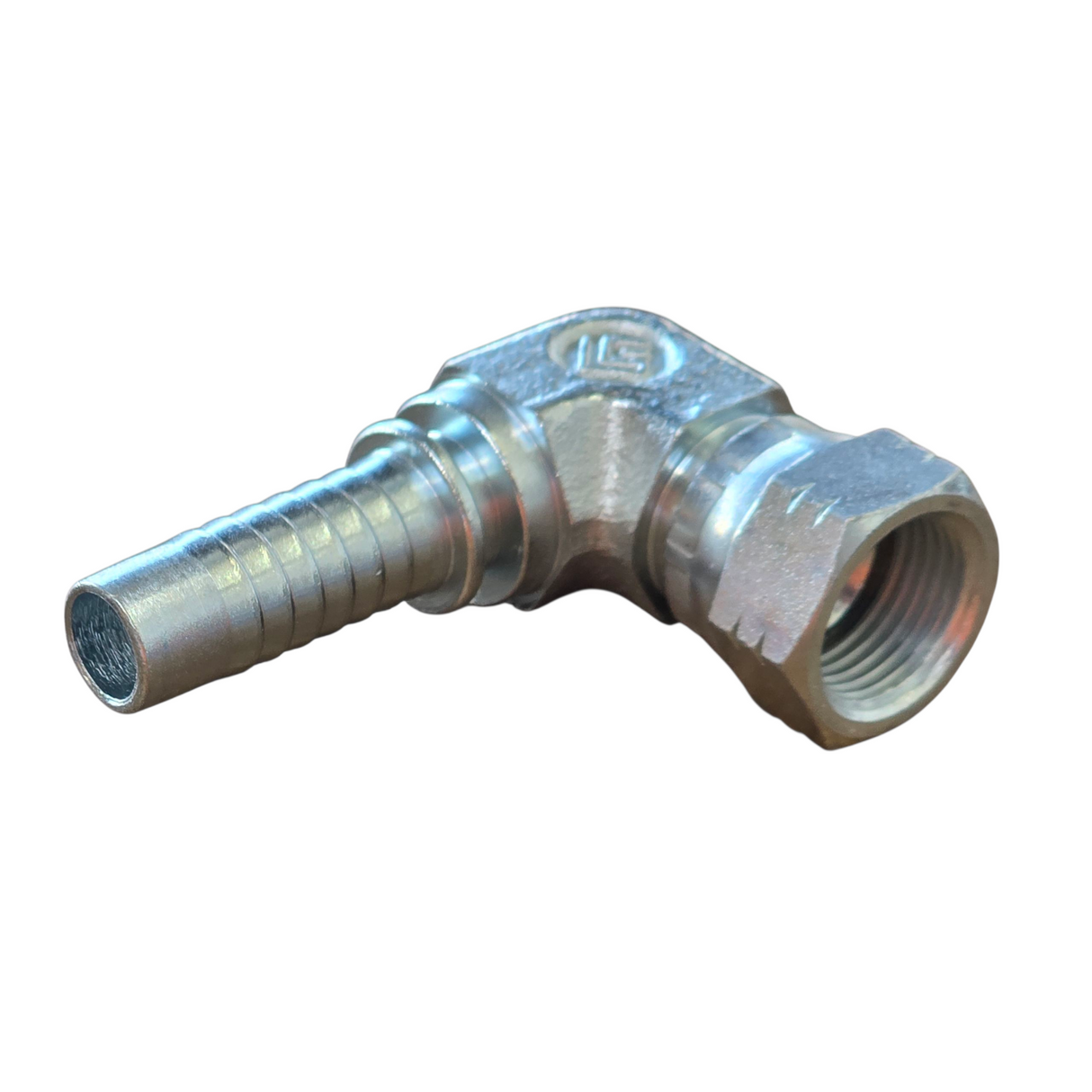 Compact JIC female 90 degree elbow two-piece crimp tail hydraulic fitting with 37 degree flare seat made from zinc-plated steel