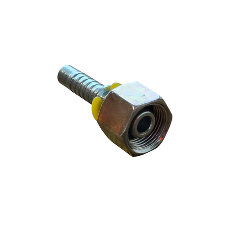 DIN metric heavy female two-piece crimp tail hydraulic fitting with 24 degree cone seat made from zinc-plated steel