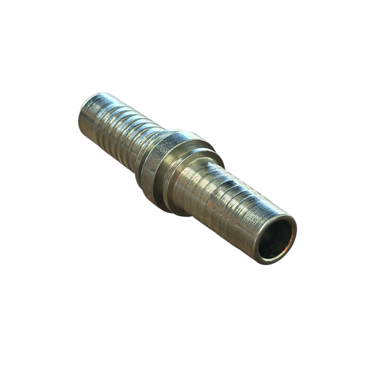 Hose joiner two-piece crimp tail hydraulic fitting for joining same-size hoses made from zinc-plated steel
