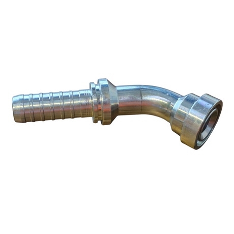 Caterpillar style flange 45 degree elbow hyperspiral two-piece crimp tail hydraulic fitting made from zinc-plated steel