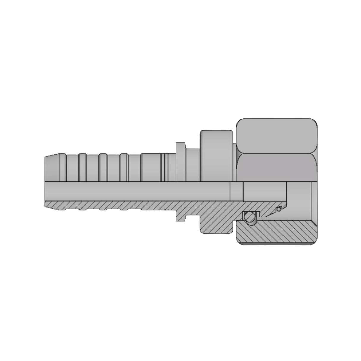 DIN metric heavy female swivel hyperspiral two-piece crimp tail hydraulic fitting made from zinc-plated steel