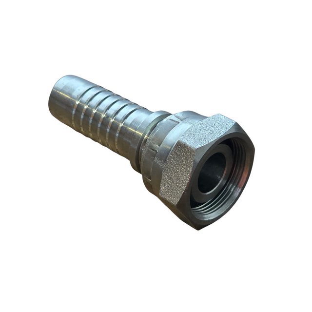 Metric fine female swivel two-piece crimp tail Kobelco French GAZ hydraulic fitting made from zinc-plated steel