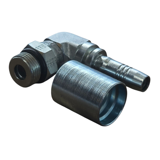 Compact 7/8 inch UNO male 90 degree elbow live swivel hydraulic fitting with 2SN crimp ferrule for auger drives