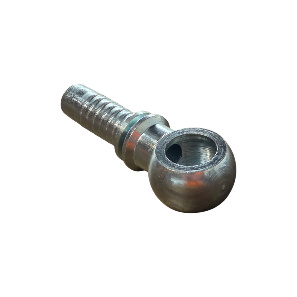 BSPP banjo two-piece crimp tail hydraulic fitting showing compact zinc-plated steel design