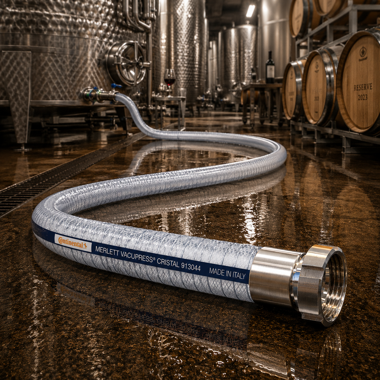 Winery Transfer Hose Assembly | Continental Vacupress Cristal | 316SS BSM Crimped Ends